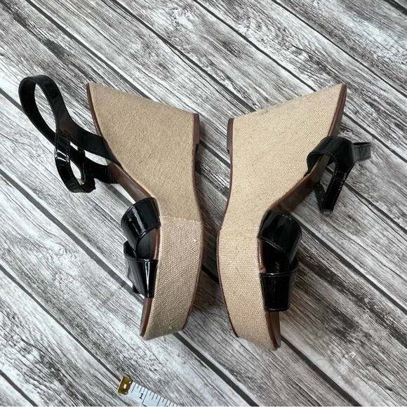 J. Crew Womens Patent Leather Canvas Wedge Sandals 7 Beige Black Made in Italy - Picture 4 of 13